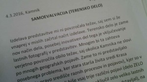 Zapis samovrednotenja v Kamniku
