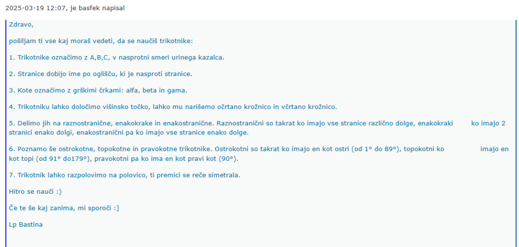 Primer učenčevega zapisa v Arnes pošti.
