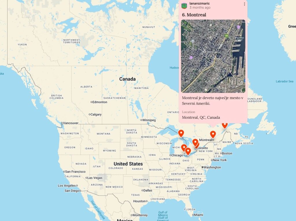 Interaktivni zemljevid Severne Amerike izdelan v aplikaciji Padlet.